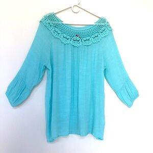 Boho Gauze Peasant Light Breezy Aqua Top with Crochet Detail ~ Cal Style ~ 2 XL